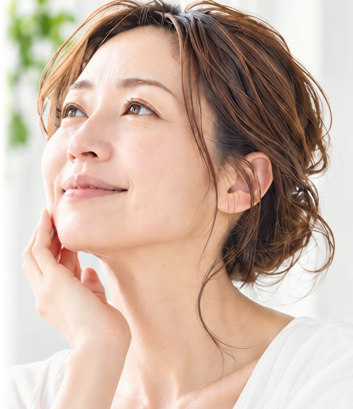 肌に手を添えてほほえむ女性（イメージ写真）